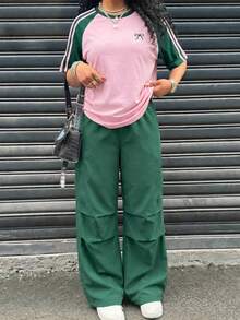 2pcs/Set Teenage Girls Comfortable Loose Outdoor Sports Drop Shoulder T-Shirt And Cargo Pants - Green - View 5