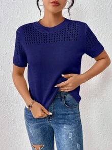 Áo dệt kim tay ngắn cổ tròn màu trơn dành cho nữ, thích hợp mặc mùa hè hoặc dịp năm mới. - Xanh đậm - Xem 5