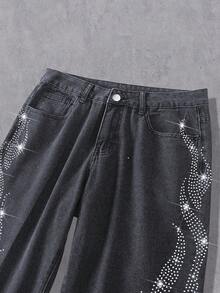 Manfinity EMRG Spring & Summer Casual Young Street-Style Washed Gray Straight Fit Flame Crystal Embellished Jeans - Grey - View 5