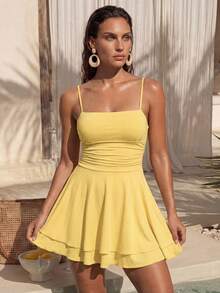 Swim Chiccia Ladies' Solid Color Simple Daily Wear Spaghetti Strap Sexy Dress Elegant Summer - Yellow - View 1