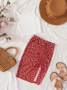 Emery Rose Kids Emery Rose Kids 两件套女童针织纯色吊带背心和碎花迷你裙套装 - 紅色 - 查看 3