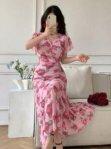 Celisse Women's V-Neck Printed Pleated Bodycon Slim Dress - Pink - View 4