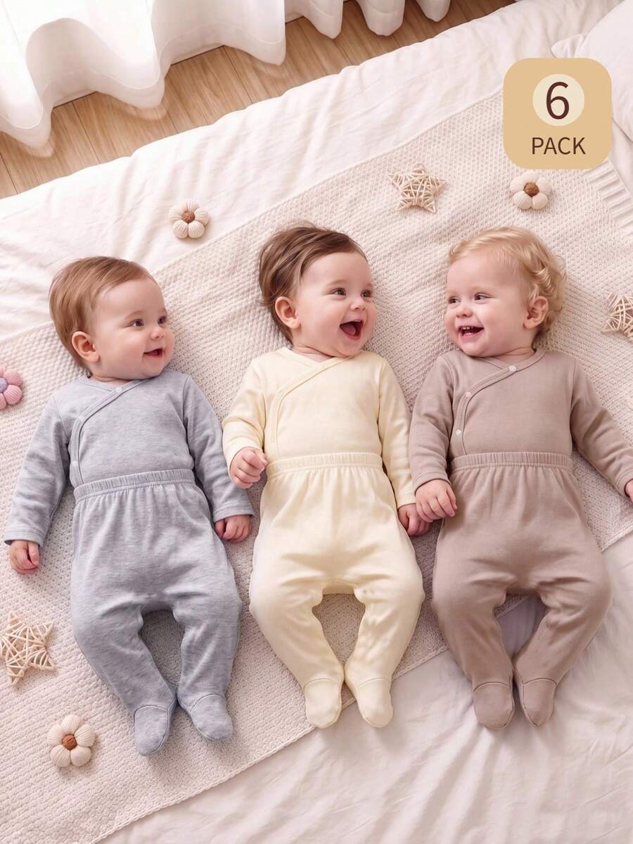 6pcs/Set Newborn Baby Boys/Girls Solid Color Soft Knit Round Neck Long Sleeve Top And Elastic Waist Pants Set, Comfortable Soft Fabric - Multicolor - View 1