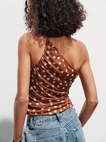 Lumivelle Top femme d'été marron à pois, coupe asymétrique, design asymétrique, épaule unique avec nœud, plissé, tenue printemps/été pour Pâques et festival de musique, top de soirée, robe de plage, tenue de vacances d'été, top marron décontracté pour vacances, plage, croisière, voyage, romantique, à la mode, polyvalent, confortable, style bohème, tenue de plage, minimaliste pour le quotidien, style campagnard, essentiel, motif à pois, tenue décontractée de vacances - Tabac - Voir 2