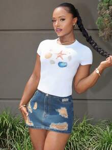 Steph T 女士夏季露脐短袖T恤，海洋生物海星贝壳牡蛎Y2K露脐短袖白色婴儿T恤 - 白色 - 查看 1