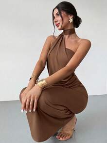 Firerie 女士摩卡色不对称缎带领露背连衣裙，时尚缎带设计长裙，休闲春夏连衣裙，褶皱腰身设计，适合通勤、优雅、性感、度假、海滩、波西米亚风、夏威夷风、音乐节、派对、工作等场合。 - 咖啡棕 - 查看 4