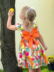 LMoss Kids Gaun Kasual Anak Perempuan Bahan Chiffon Motif Bunga Kecil Kerah Persegi dengan Hem Bergelombang - MultiWarna - View 8