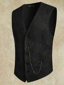 Men Chain Detail Button Through Vest Blazer - Black - View 1