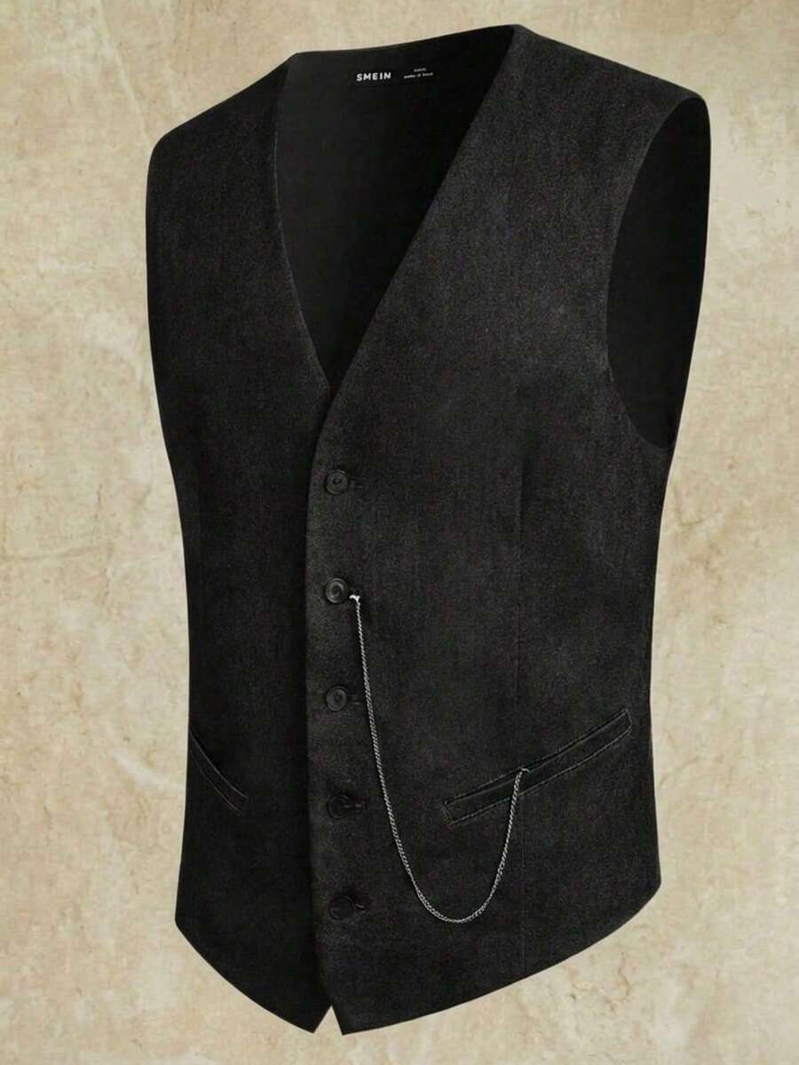Men Chain Detail Button Through Vest Blazer - Black - View 1