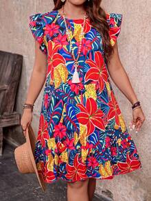 SHEIN Clasi Đầm mùa hè dáng rộng, cổ tròn, tay bồng, in hoa dành cho nữ cỡ lớn - Màu xanh lam - Xem 4