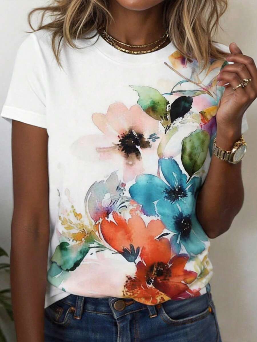 EMERY ROSE Women's Floral Print Casual Round Neck Short Sleeve T-Shirt - Multicolor - View 1