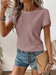 EMERY ROSE Women's Solid Color Round Neck Casual Versatile Daily Wear Short Sleeve T-Shirt - Pink - View 3