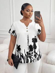 SHEIN Lady Plus Size Women V-Neck Floral Print Casual Versatile Daily Wear Top Gym Brown Summer - Black and White - View 6