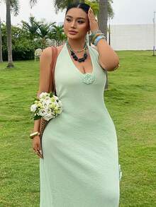 Dazy Plus V-Neck Floral Decor Maxi Dress With Side Slit, Vacation Style Beach Cover Up, Plus Size Sun Dresses For Women - Mint Green - View 4