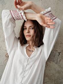 Aveloria Frievida Camisa holgada de manga larga con cordones y flecos, estilo casual raglan - Blanco - Ver 6
