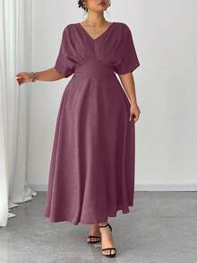 Elenzga Plus Size V-Neck Solid Color Short Sleeve Casual Dress, Simple & Fashionable For Everyday Wear,Valentine - Mauve Purple - View 4