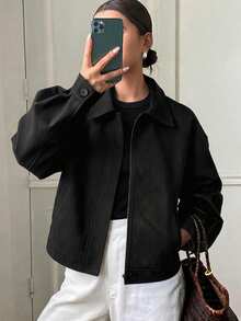 DAZY 秋冬新款女款寬鬆休閒加厚PU夾克外套，校園風常規款 - 黑色 - 查看 5