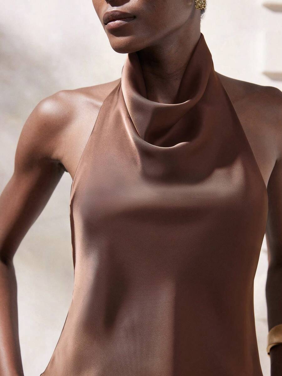 Aveloria Modichic Women's Coffee Brown Elegant Sexy Satin Halter Top, Sleeveless Cowl Neck Slim Fit Blouse For Summer, Party Night Date Night, Business Casual Old Money - Brown - View 1