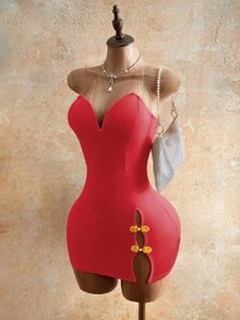 Mistrie Đầm quây ngực xẻ tà, thêu họa tiết thanh lịch dành cho nữ, có cúc cài. - Đỏ - Xem 5