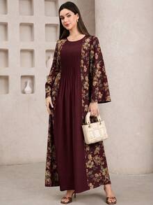 Al Najma Gaun Abaya Panjang Elegan Wanita dengan Desain Lipit dan Leher Bulat Motif Patchwork Bunga - Burgundy - View 2