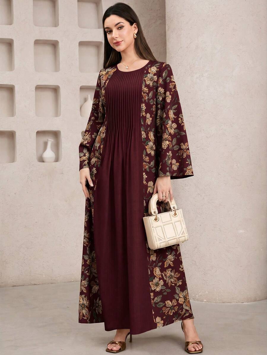 Al Najma Gaun Abaya Panjang Elegan Wanita dengan Desain Lipit dan Leher Bulat Motif Patchwork Bunga