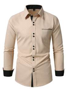 Manfinity Mode Camisa formal de manga larga con bolsillo delantero y botonadura sencilla para hombre, para negocios y ceremonias - Caqui - Ver 3