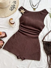 Soleia Women's Dark Brown,Summer,Casual,Holiday,Vacation,Holiday Striped Asymmetrical Shoulder Starfish Metal Decor Bodycon Mini Jumpsuit,Beach Cruise - Coffee Brown - View 7