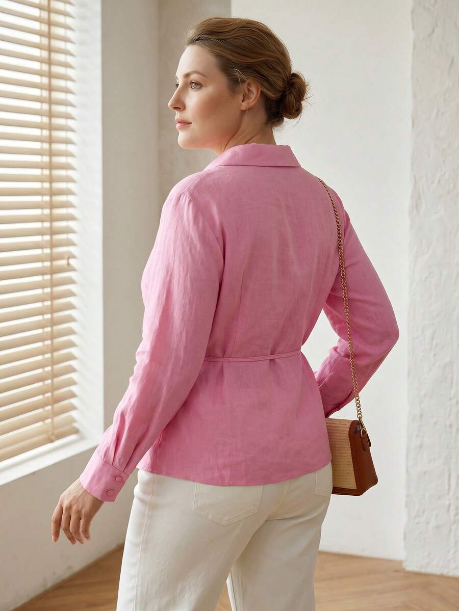 MOTF PREMIUM WOMEN'S PLUS LINEN TIE WRAP LONG SLEEVE BLOUSE, SPRING/SUMMER - Pink - View 2