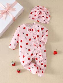 SHEIN 新生儿蝴蝶结印花可爱连体衣配帽子，秋冬季 - 粉色 - 查看 2