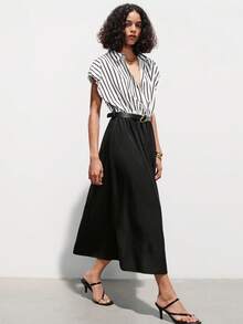 SHEIN Luminelle Women's Sleeveless Striped Patchwork Belted A-Line Long Shirt Dress, V-Neck - Black - View 3