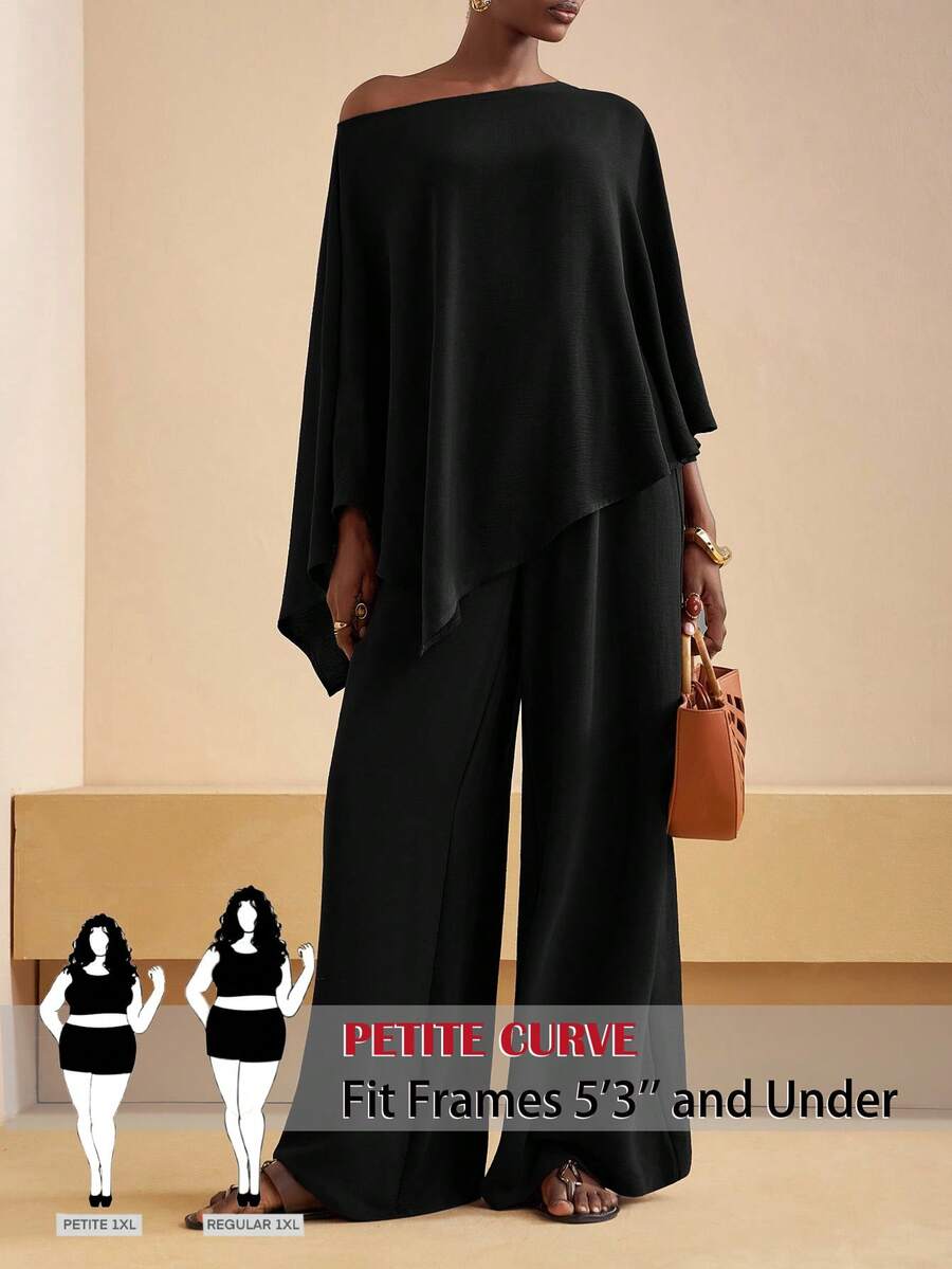 SHEIN PETITE CURVE Conjunto de 2 piezas de talla grande con top asimétrico y pantalones de unicolor elegante para uso diario