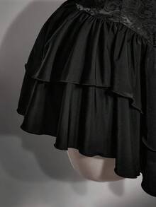 SHEIN ICON Plus Size Women's Black Ruched Jacquard Waist Tie Ruffle Trim Square Neck Puff Sleeve Layered Ruffle Hem A-Line Chiffon Mini Dress, Party & Casual - Black - View 9