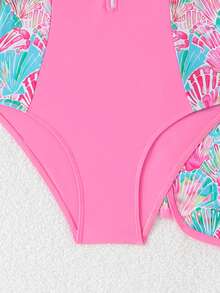 SHEIN Bộ đồ bơi Tankini cho bé gái tuổi teen, bikini hai dây, họa tiết vỏ sò màu hồng, thiết kế khóa kéo, gồm 2 mảnh, đồ bơi kín đáo cho thanh thiếu niên, thích hợp cho bơi lội, bãi biển, hồ bơi, kỳ nghỉ hè. - Hồng - Xem 6