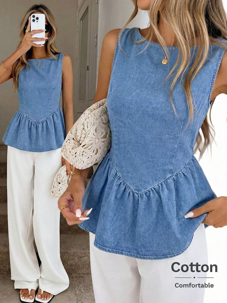 Easowa Áo denim nữ mùa hè dáng suông, không tay, chất liệu denim mài, có viền bèo nhún. - Màu xanh lam - Xem 1