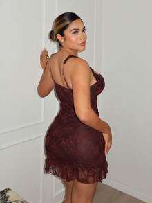 Maria Perezxox Vestido mini ajustado sin mangas con decoración de lazo y encaje floral marrón para mujer - Marrón - Ver 2