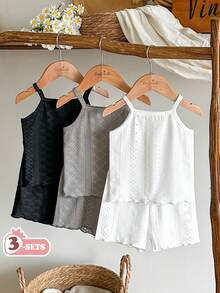 SHEIN Vintaside Kids 女婴舒适百搭甜美可爱吊带短裤套装，夏季多件套 - 彩色 - 查看 1