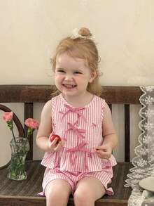 LMoss Kids Baby Girl Pink Striped Bow Decor Sleeveless Top And Shorts Set, Suitable For Outings - Multicolor - View 4