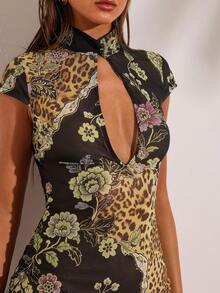 SHEIN BAE Đầm ngắn tay lửng gợi cảm in hoa, thiết kế khoét lỗ dành cho nữ. - Nhiều màu - Xem 7