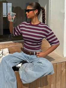 Muchica Casual Minimalist Style Preppy Style Wine Red, Blue, Yellow Striped Women T-Shirt, Suitable For Spring And Summer - Multicolor - View 3