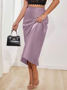 SHEIN PETITE Women's Solid Color Casual Versatile Date/Travel A-Line Skirt - Mauve Purple - View 3