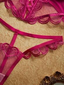 PinupPomp Embroidered Mesh Bra & Panty Lingerie Set With Spaghetti Strap - Hot Pink - View 5