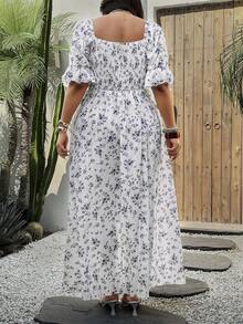 Sunnyshic Plus Size Textured Ditsy Floral Waist Cinching Dress, Suitable For Spring/Summer Vacation - Purple - View 2
