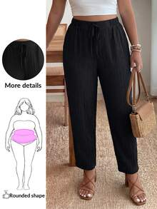 Enliva Plus Size Kỳ nghỉ Quần dài thắt nút màu trơn có túi - màu đen - Xem 1