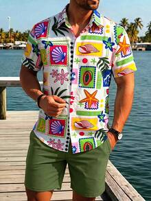 Azuldrift Conjunto de camisa y pantalones cortos con estampado tropical para hombre, atuendo casual de vacaciones - Multicolor - Ver 5