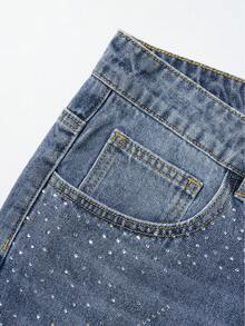 ROMWE MEN Street Life Men's Casual Denim Shorts With Pockets & Rhinestone Letter Pattern - Blue - View 7