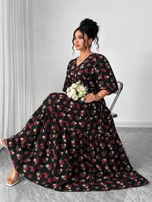 SHEIN Elenzya 大码女装新款优雅休闲度假日常轻薄印花短袖连衣裙，春夏款 - 黑色 - 查看 5