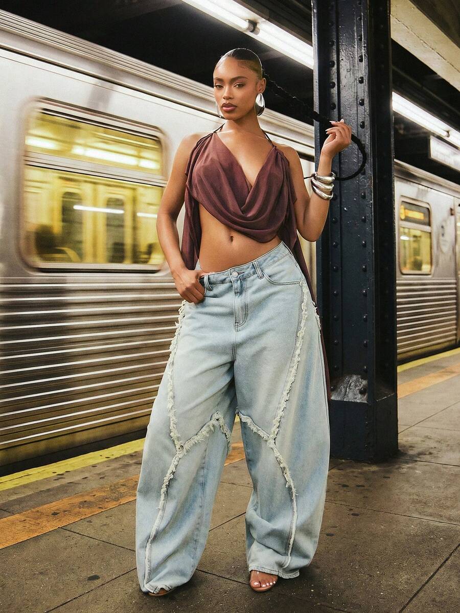Denimoi Jeans holgados con dobladillo deshilachado, moda de estilo callejero - Lavado ligero - Ver 1
