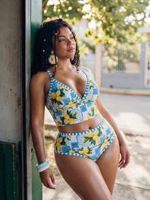 SHEIN Swim 2026新款加大码女士地中海柠檬印花比基尼，提胸高腰显瘦吊带泳衣，清新显瘦海滩度假水疗泳装，女士泳装，女士泳衣，女士夏季两件套泳衣，女士两件套夏季泳装，女士泳装比基尼套装，女士泳池泳装，女士加大码泳衣，女士泳池派对泳装，女士两件套泳衣，女士全包臀两件套泳衣，女士夏季 - 藍色 - 查看 3