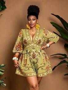 Maweii Plus Size Women's Floral Print V-Neck Puff Sleeve Waist Cinched Jumpsuit Fall - Multicolor - View 7