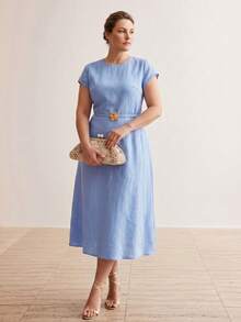 MOTF PREMIUM PLUS SIZE WOMEN'S LINEN MINIMALIST COMFORTABLE WAIST BELTED FLARED DRESS, SPRING/SUMMER - Blue - View 7